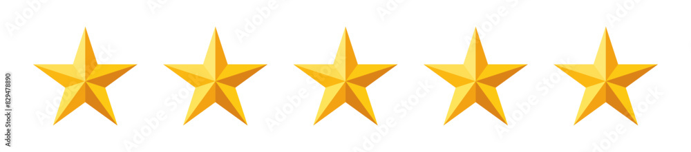 Five stars rating set. Stars quality rating icon. Star rating realistic gold star set vector Five stars rating set. Stars quality rating icon. Star rating realistic gold star set vector