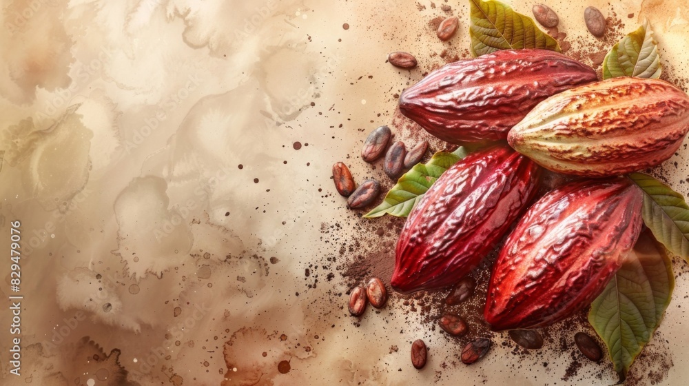 shiny red and light yellow cocoa fruits, roasted cocoa beans, green leaves, dark beige with spots watercolor background, free space for text