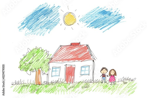 Child's drawing of a house with a tree and a happy family under the sun.