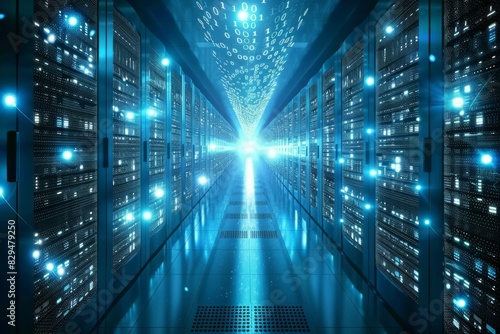 High-speed data streams in a futuristic server room  emphasizing rapid digital communication and security.