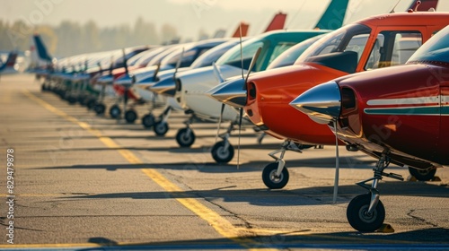 A line of air taxi taxis parked in perfect formation waiting for their next passengers in an orderly and efficient manner.