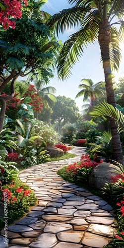tropical garden path with palm trees and lush vegetation