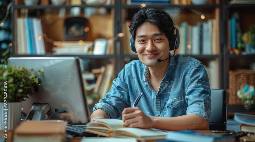Photo of Asian businessman talking to colleague team in video call conference writing note on book with smile face Photo of Asian businessman talking to colleague team in video call conference writing note on book with smile face