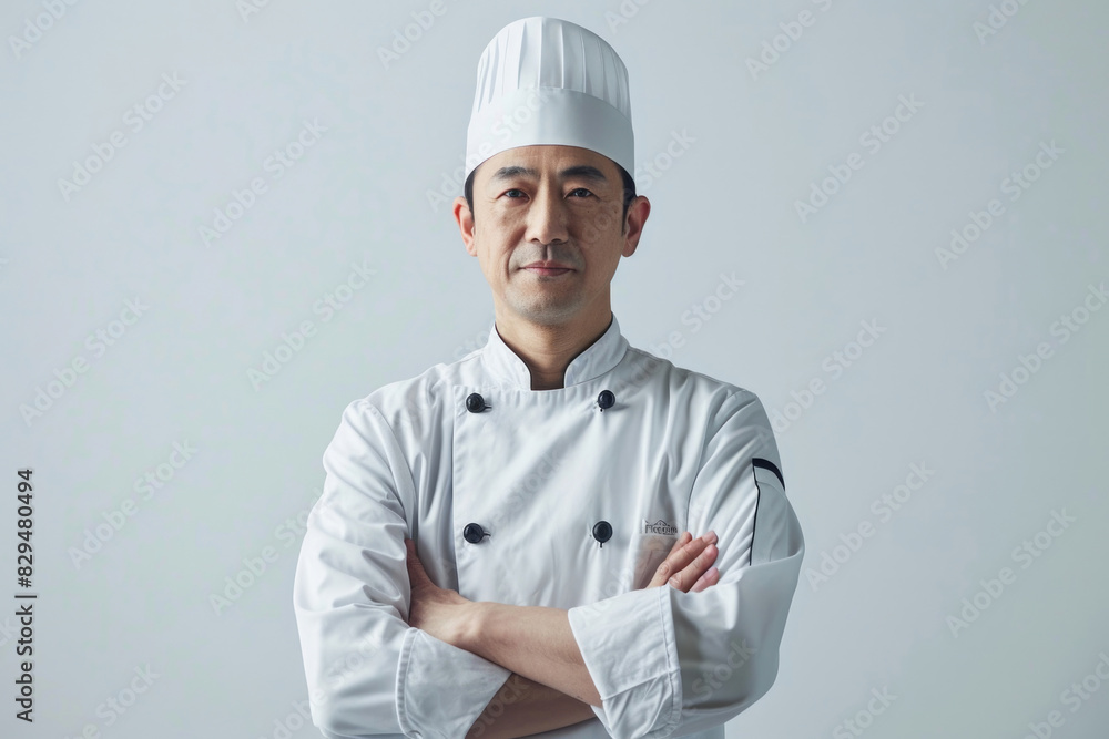 A chef in uniform, arms crossed, looking confidently at the camera
