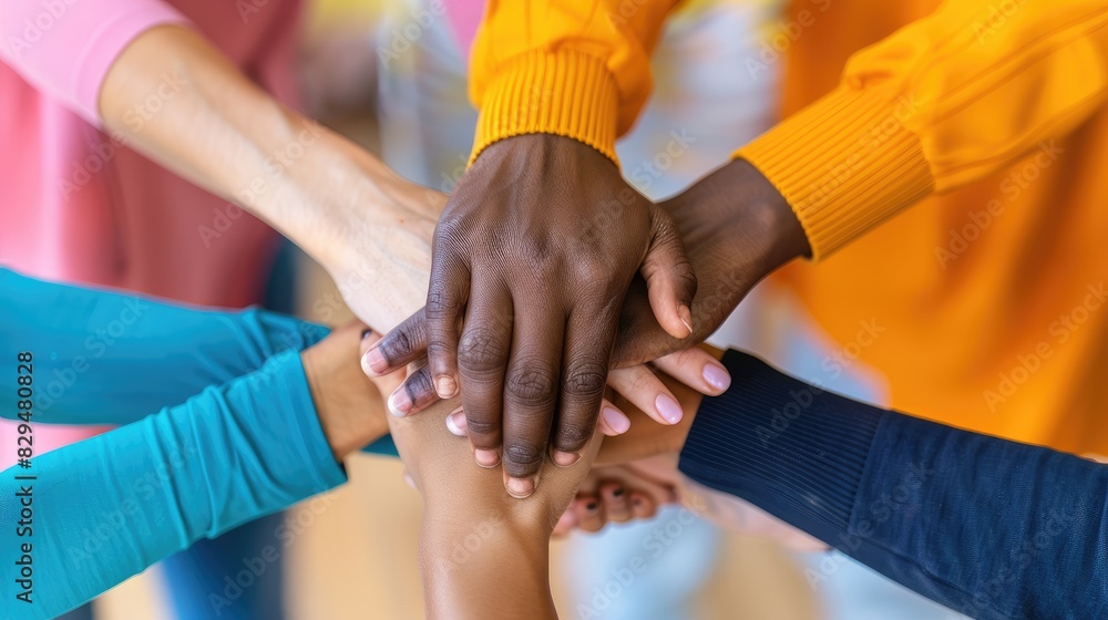 A close-up of diverse hands clasped together in a gesture of unity and support, showcasing the importance of teamwork and inclusivity in the workplace A close-up of diverse hands clasped together in a gesture of unity and support, showcasing the importance of teamwork and inclusivity in the workplace