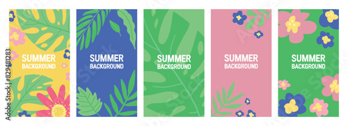 Colorful 9x16 summer backgrounds with tropical leaves and flowers in green, blue, pink, and yellow.