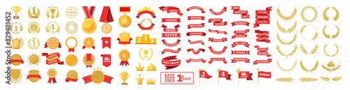 Gold awards set, various trophy and prize emblems, golden shield, medal. Awards icon set