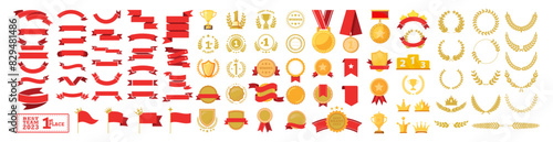 Award frame set, ranking, ribbon, crown, trophy, medal, decoration, laurel, illustration, gold award