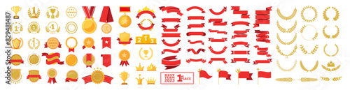 Ranking trophy set. Award frame set, ranking, ribbon, crown, trophy, medal, decoration, laurel