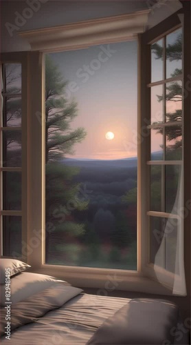 Evening landscape from bedroom window view, city landscape at night