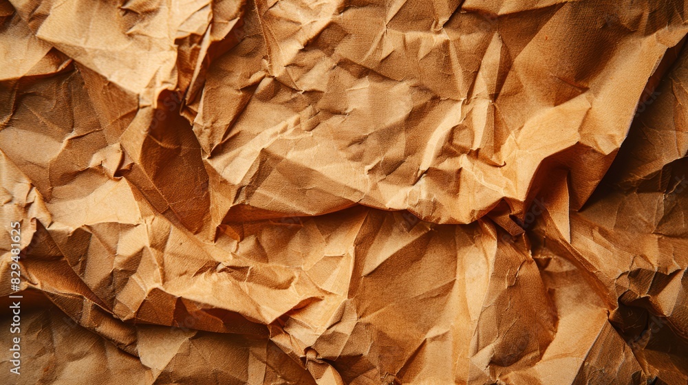 A tight shot of crumpled paper, heavy with brown folds atop, displays its wrinkled surface A tight shot of crumpled paper, heavy with brown folds atop, displays its wrinkled surface