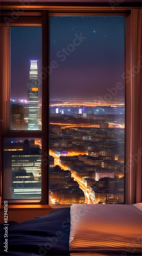 Evening landscape from bedroom window view, city landscape at night