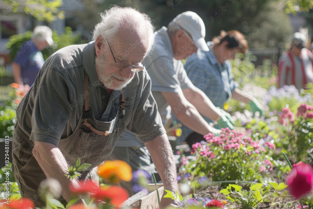 Obraz premium A group of elderly people are working in a garden, wellbeing concept