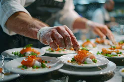 A chef is preparing dishes with salmon