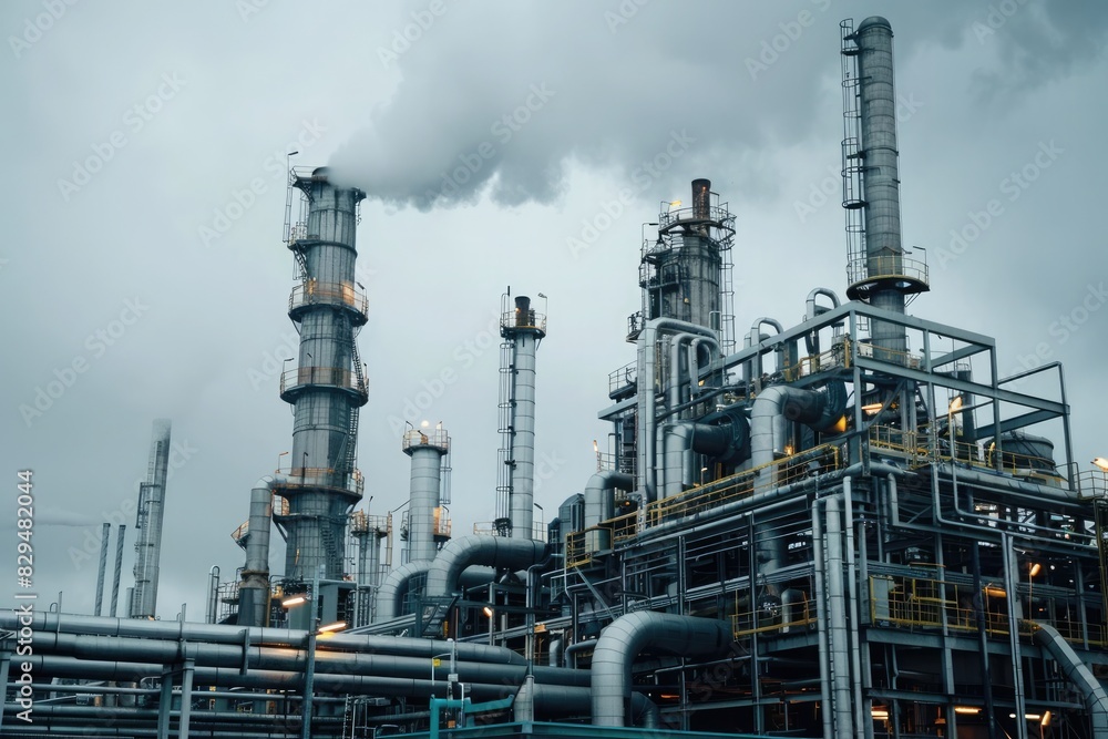 Oil Refinery. Industrial Plant Illuminated Amidst Pollution and Energy Production Oil Refinery. Industrial Plant Illuminated Amidst Pollution and Energy Production