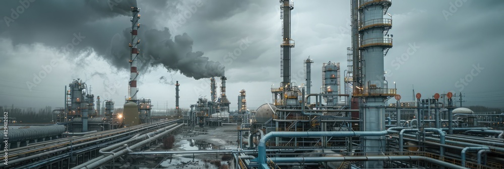 Fototapeta premium Oil Refinery. Industrial Plant Illuminated Amidst Pollution and Energy Production