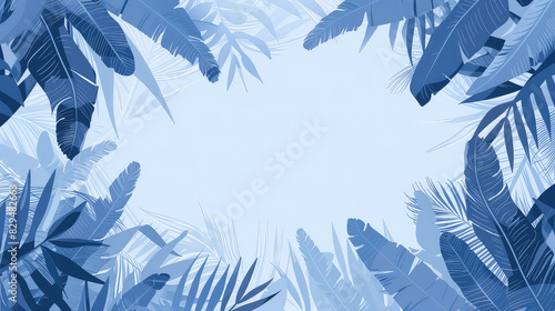 Blue tropical leaves border with light background AI generated