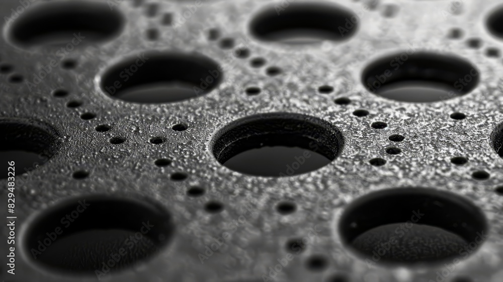 A monochrome image of tin foil with holes resembling film or screen elements, as seen in movies or television A monochrome image of tin foil with holes resembling film or screen elements, as seen in movies or television