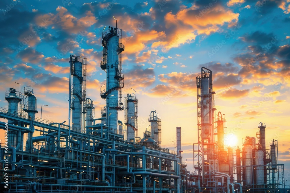Fototapeta premium Oil Refinery. Industrial Plant Illuminated Amidst Pollution and Energy Production