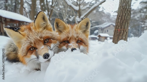 A Cute foxes on the snow during winter season in Zao fox village, Miyagi, Japan photo