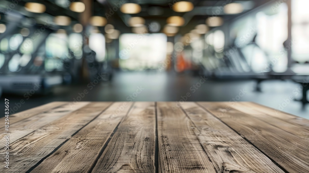 Blurred wooden table view of a modern gym or fitness center in the background. There is a clear focus on the wooden table or counter in the foreground. The wood surface looks rustic Blurred wooden table view of a modern gym or fitness center in the background. There is a clear focus on the wooden table or counter in the foreground. The wood surface looks rustic