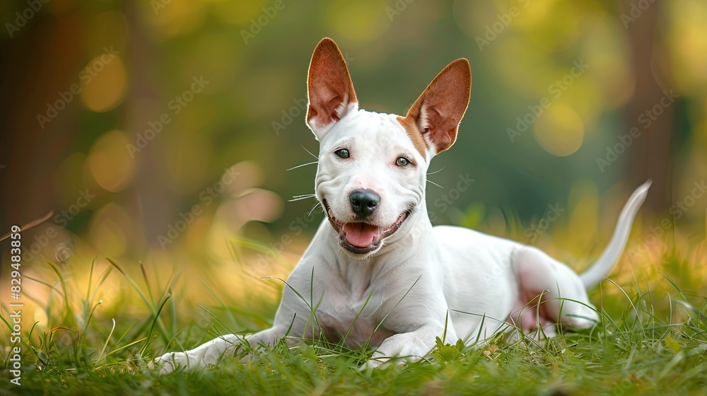 Adorable white with a brown patch Miniature Bull Terrier dog posing outdoors lying down on a green grass in summer Adorable white with a brown patch Miniature Bull Terrier dog posing outdoors lying down on a green grass in summer