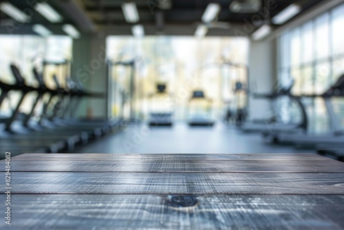 Blurred wooden table view of a modern gym or fitness center in the background. There is a clear focus on the wooden table or counter in the foreground. The wood surface looks rustic