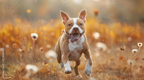 Beautiful American Pit Bull Terrier dog running on the field photo