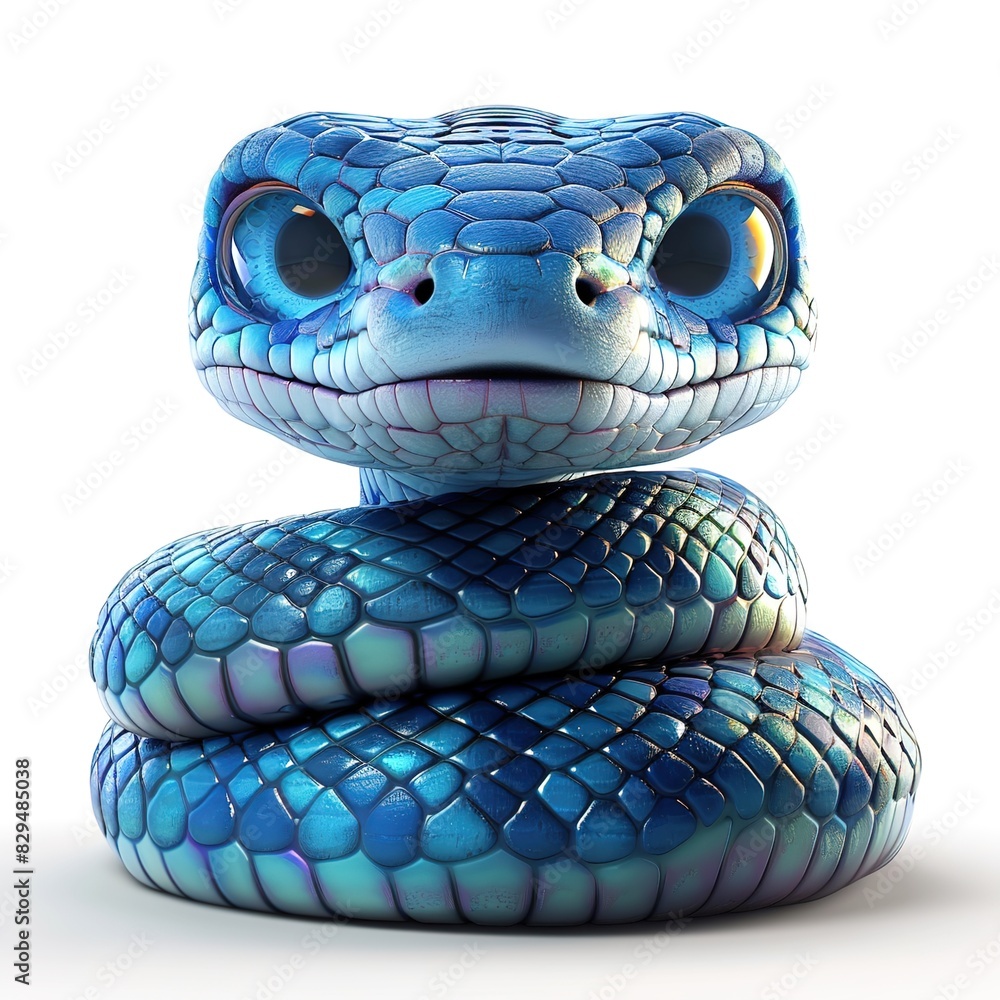 Fototapeta premium Beautiful cartoon friendly snake with colorful scales on an abstract background with bokeh and highlights