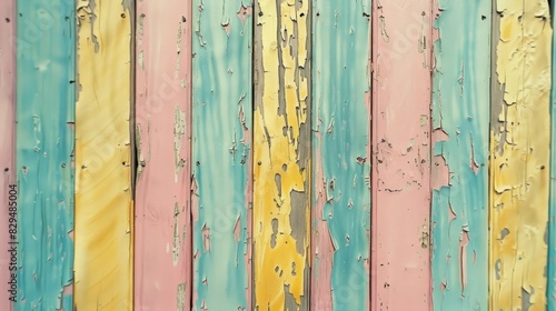  A tight shot of a weathered wooden fence, sporting various shades of blue, yellow, pink, and green paint Chips of paint flake off the fence's top boards photo