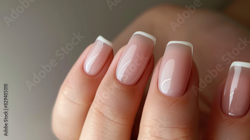 Pink manicure. Close-up of manicure. Nail extension procedure in a beauty salon. Professional hand care.