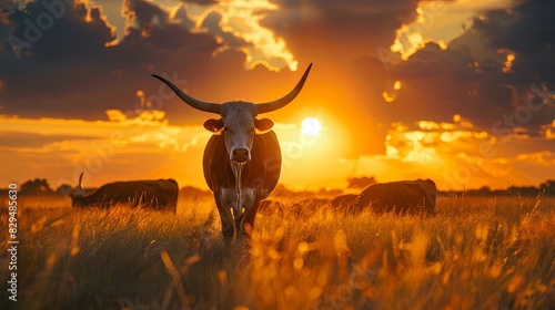 Cows herd on a grass field during the summer at sunset. A cow is looking at the camera sun rays are piercing behind her horns photo