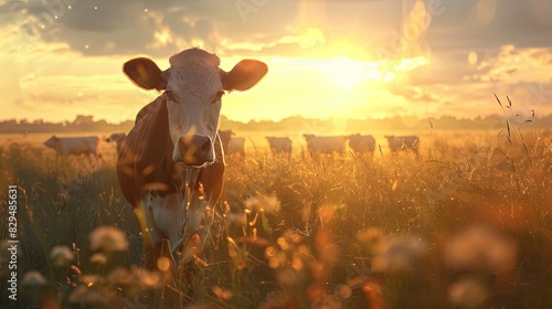 Cows herd on a grass field during the summer at sunset. A cow is looking at the camera sun rays are piercing behind her horns photo