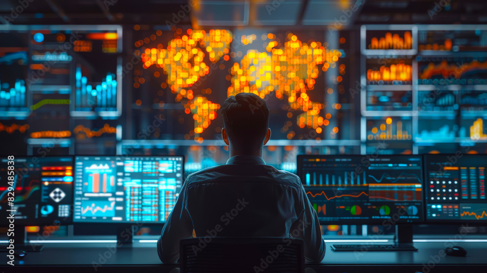 Person sitting in dark room in front of many computer screens with graphs and world map. Person sitting in dark room in front of many computer screens with graphs and world map.