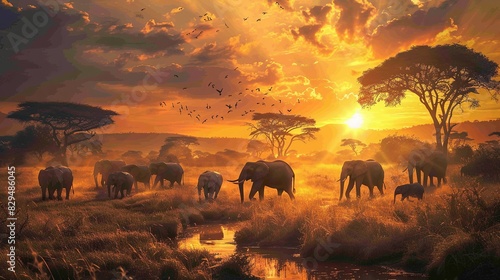 Migration of elephants. Herd of elephants. Evening in the African savannah photo