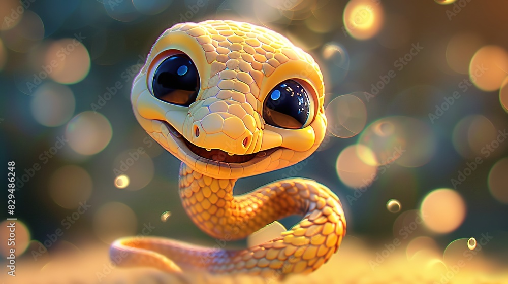 Fototapeta premium Beautiful cartoon friendly snake with colorful scales on an abstract background with bokeh and highlights