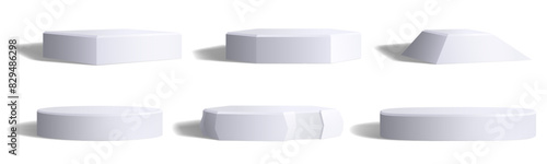 Empty white low studio 3D podium set isolated on white. Blank vector template for product presentation. Realistic monochrome round, square or cube, ellipse, hexagon and stone rock pedestal with shadow