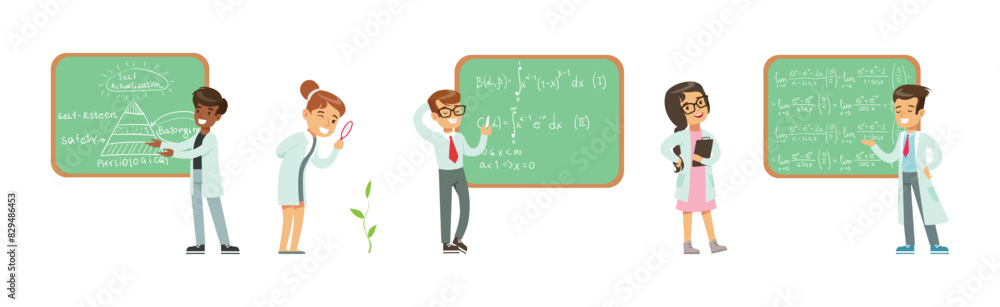 Naklejka premium Kid Scientist Character in Gown at Laboratory Doing Research Vector Set