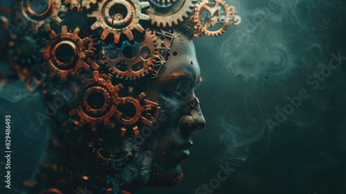 The image shows a man with a gear-shaped head. The gears are turning and the man's face is expressionless. The image is likely a metaphor for the way that people often feel like they are just a cog photo