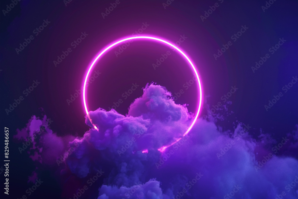 Fototapeta premium Dark sky scene enhanced by a bright purple neon ring around a cloud.