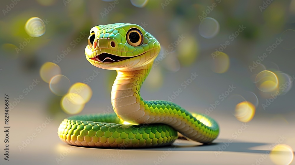 Fototapeta premium Beautiful cartoon friendly snake with colorful scales on an abstract background with bokeh and highlights