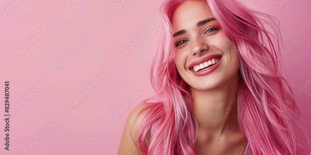 Portrait of a smiling Woman with long Pink hair