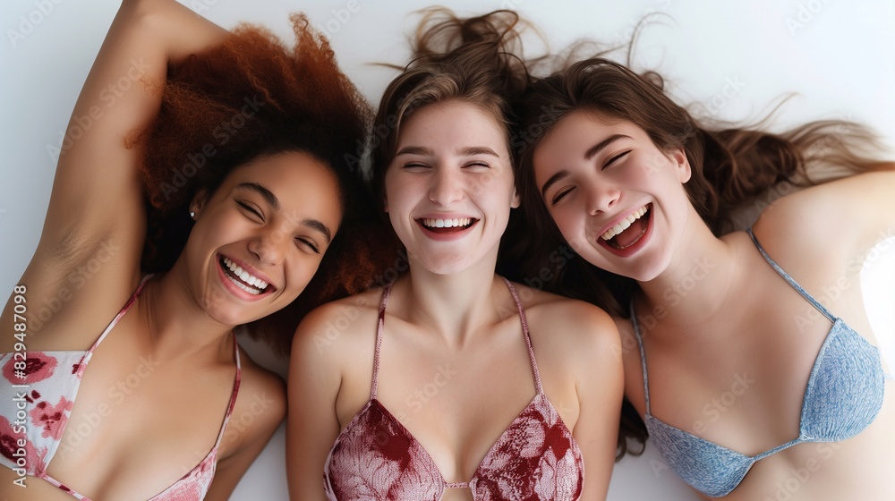 A happy trio of young women lie together, sharing laughter and happiness. From different cultures, young girls in swimsuits embrace body positivity and acceptance, radiating the beauty. A happy trio of young women lie together, sharing laughter and happiness. From different cultures, young girls in swimsuits embrace body positivity and acceptance, radiating the beauty.