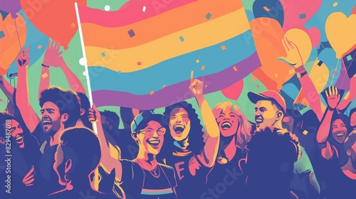 Cartoon Love's Triumph: Rainbow-Clad Participants Radiate Joy and Pride at Gay Parade, A Joyful Outpouring of Same-Sex Love and Celebration of LGBT Rights