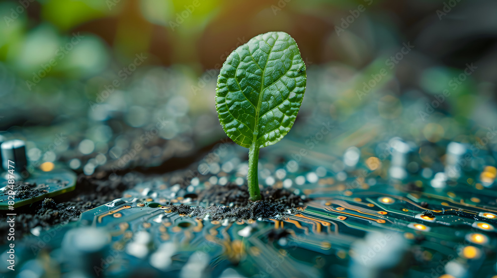 Small plant on circuit board, technology and sustainability concept Small plant on circuit board, technology and sustainability concept