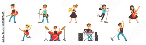 Happy Kid Rock Musician Play Instrument and Sing on Stage Vector Set