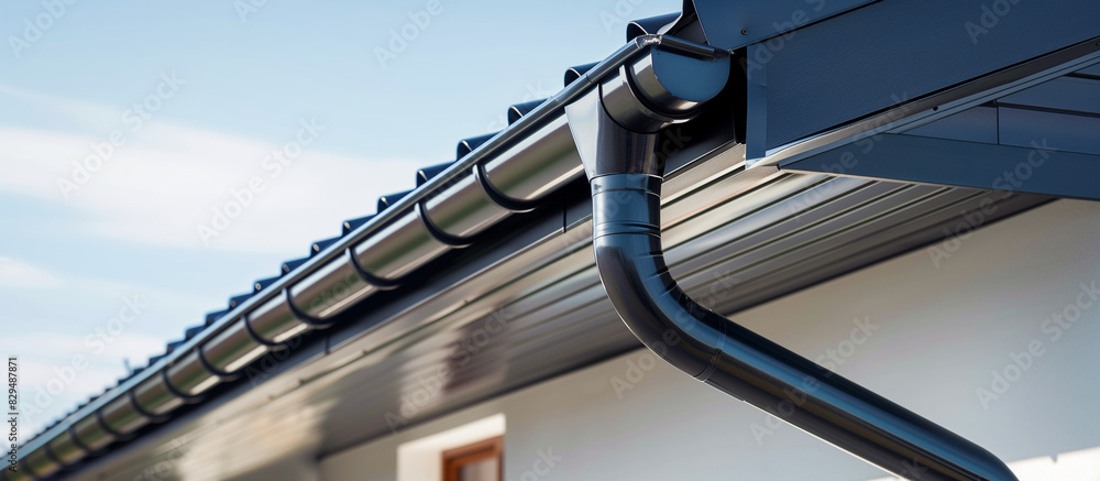 Naklejka premium sleek black roof gutter and downpipe on modern home architectural detail system