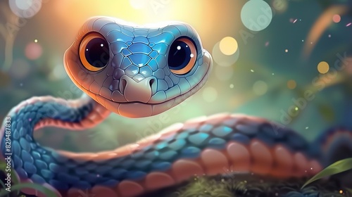 Beautiful cartoon friendly snake with colorful scales on an abstract background with bokeh and highlights © barinovalena