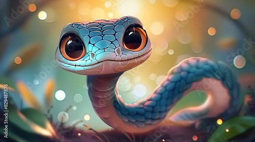 Beautiful cartoon friendly snake with colorful scales on an abstract background with bokeh and highlights © barinovalena