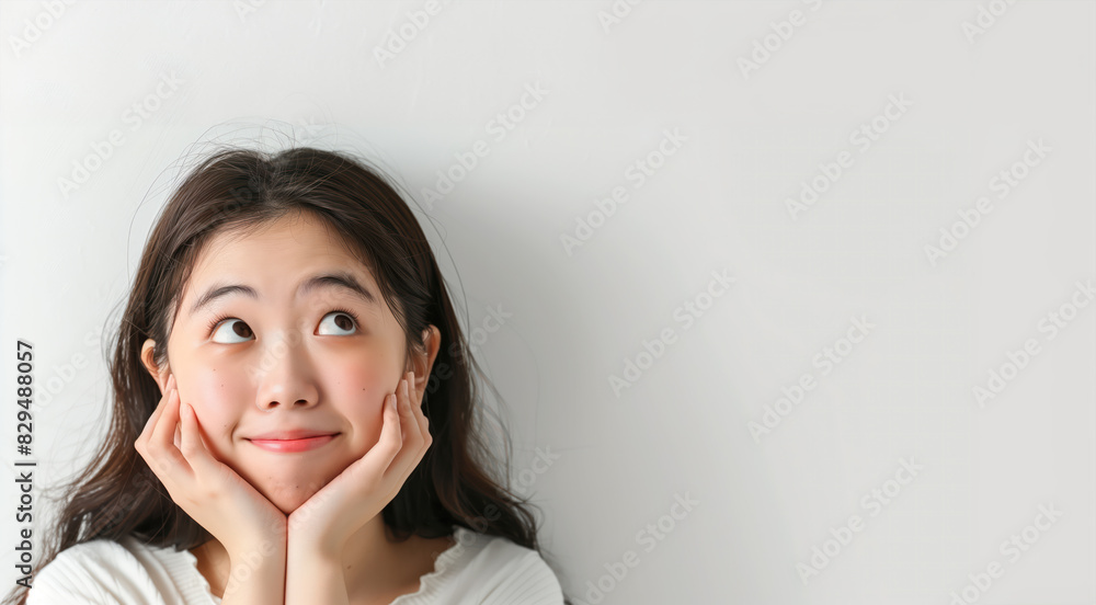 Young cheerful Asian woman looking up towards copy space Young cheerful Asian woman looking up towards copy space
